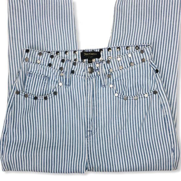 Juicy Couture High Rise White Blue Stripe Girlfriend Jeans with Studded Detail - Picture 7 of 14